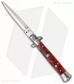 SKM AB 9" Italian Stiletto Automatic Knife Red Swirl (4" Satin Dagger)