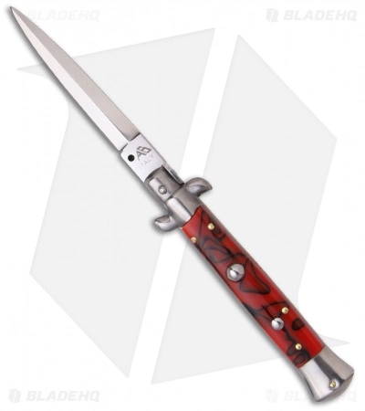 SKM AB 9" Italian Stiletto Automatic Knife Red Swirl (4" Satin Dagger)