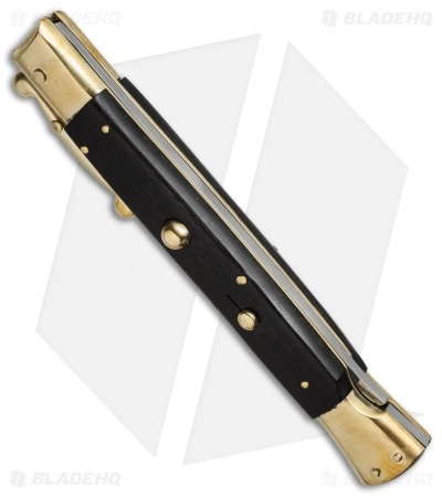 AGA Campolin 13" Swinguard Automatic Knife Brass/Ebony Wood (5.75" Satin Bayo) - Image 2