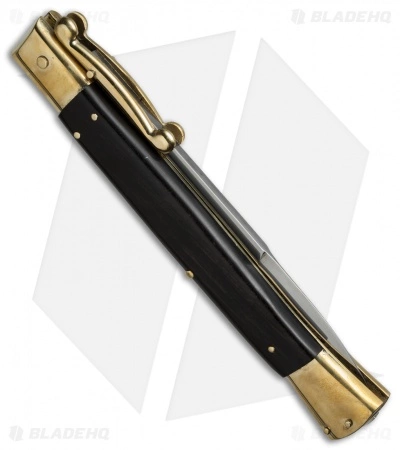 AGA Campolin 13" Swinguard Automatic Knife Brass/Ebony Wood (5.75" Satin Bayo) - Image 3