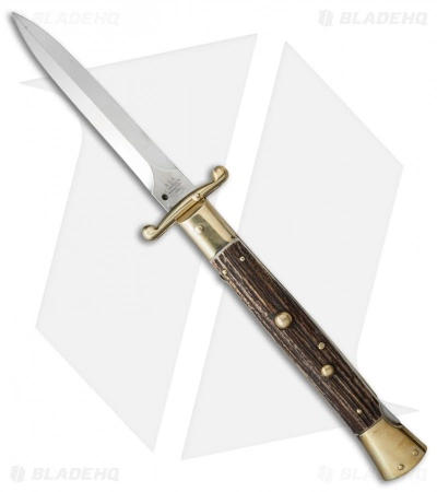 AGA Campolin 13" Swinguard Automatic Knife Brass/Stag Horn (5.75" Satin Dagger)
