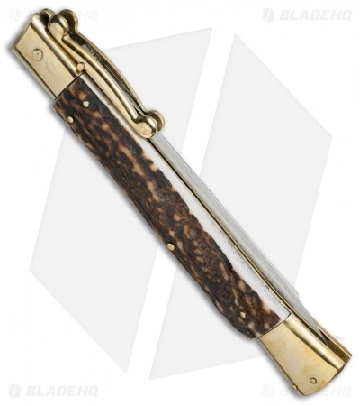 AGA Campolin 13" Swinguard Automatic Knife Brass/Stag Horn (5.75" Satin Dagger) - Image 3