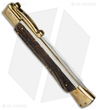 AGA Campolin 13" Swinguard Automatic Knife Brass/Stag Horn (5.75" Satin Kriss) - Image 3