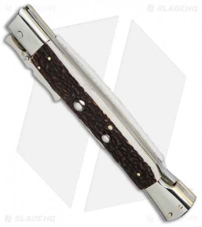 AGA Campolin 13" Bat Swinguard Automatic Knife Stag Horn (5.75" Satin Bayo) - Image 2