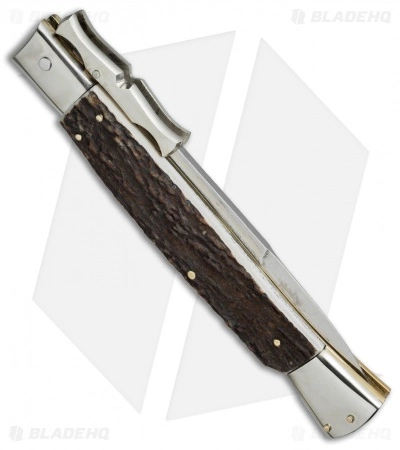 AGA Campolin 13" Bat Swinguard Automatic Knife Stag Horn (5.75" Satin Bayo) - Image 3
