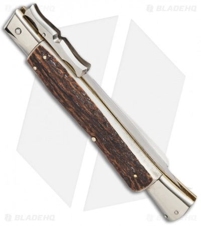 AGA Campolin 13" Bat Swinguard Automatic Knife Stag Horn (5.75" Satin Dagger) - Image 2