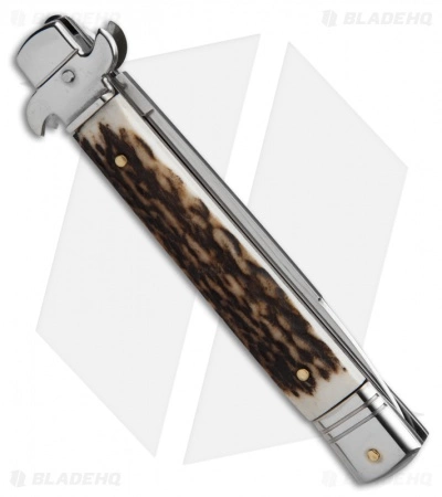 AKC Leverletto 9" Lever Lock Automatic Italian Knife Stag Horn (4" Satin Flat) - Image 2