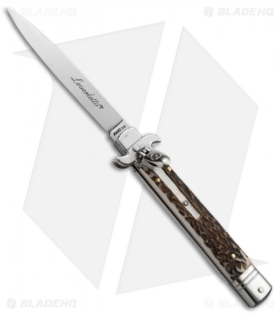 AKC Leverletto 9" Lever Lock Automatic Italian Knife Stag Horn (4" Satin Flat)