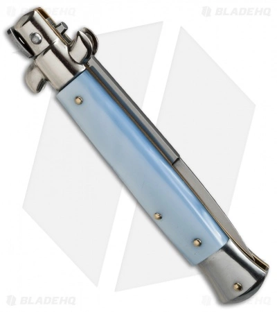 SKM AB 9" Italian Stiletto Automatic Knife Light Blue Pearlex (4" Satin Bayo) - Image 2