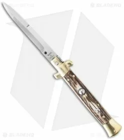 SKM 9" Italian Stiletto Automatic Knife Brass/Stag Horn (4" Bayonet)