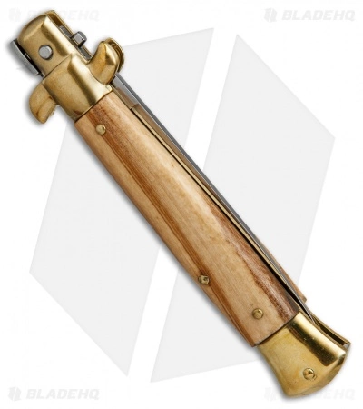 SKM AB 9" Italian Stiletto Automatic Knife Brass/Olive Wood (4" Satin Dagger) - Image 3