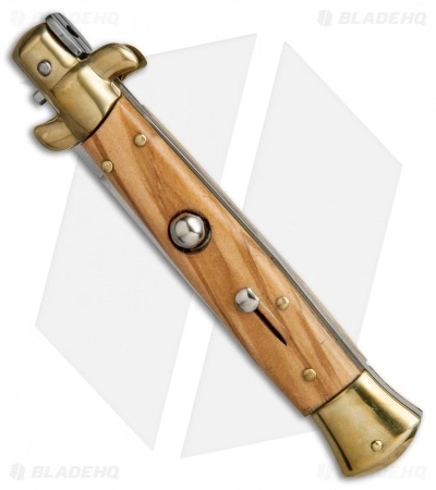 SKM AB 9" Italian Stiletto Automatic Knife Brass/Olive Wood (4" Satin Dagger) - Image 2