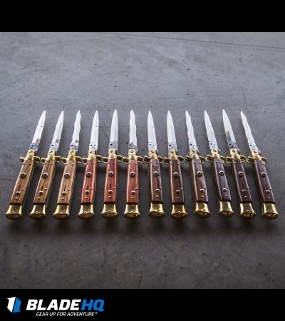 SKM AB 9" Italian Stiletto Automatic Knife Brass/Bocote Wood (4" Satin Dagger) - Image 4