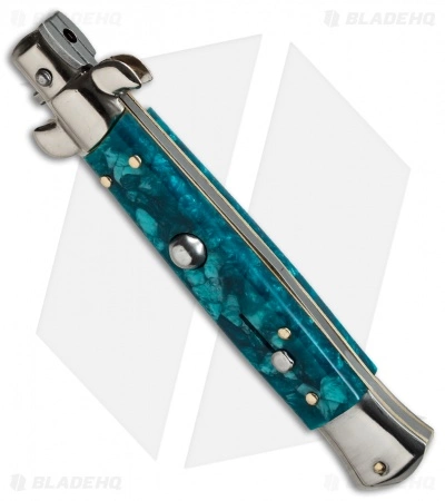 SKM AB 9" Italian Stiletto Automatic Knife Turquoise Acrylic (3.8" Satin Dagger) - Image 3