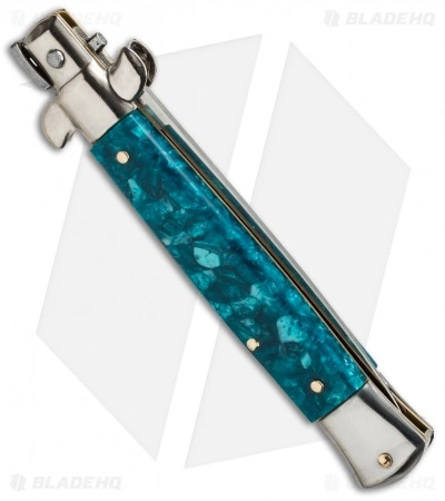 SKM AB 9" Italian Stiletto Automatic Knife Turquoise Acrylic (3.8" Satin Dagger) - Image 2